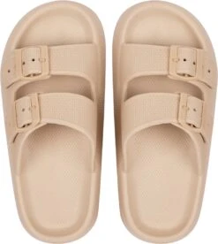Geweo Slippers - Badslippers Heren Dames - Strand Sandalen Dubbele Gesp - Pillow Slides Slippers - Kerstmis - Kerstfeest - Christmas Gift - Unisex - Dikke Zool Antislip - Lichtgewicht - Khaki - Maat 3940