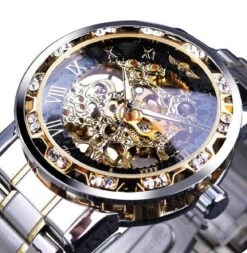 WiseGoods WSS2299 Luxe Mannen Horloge - Mechanisch - Skeleton Polshorloge - Transparant Case - Luxe Diamant Design - Zilver/Goud
