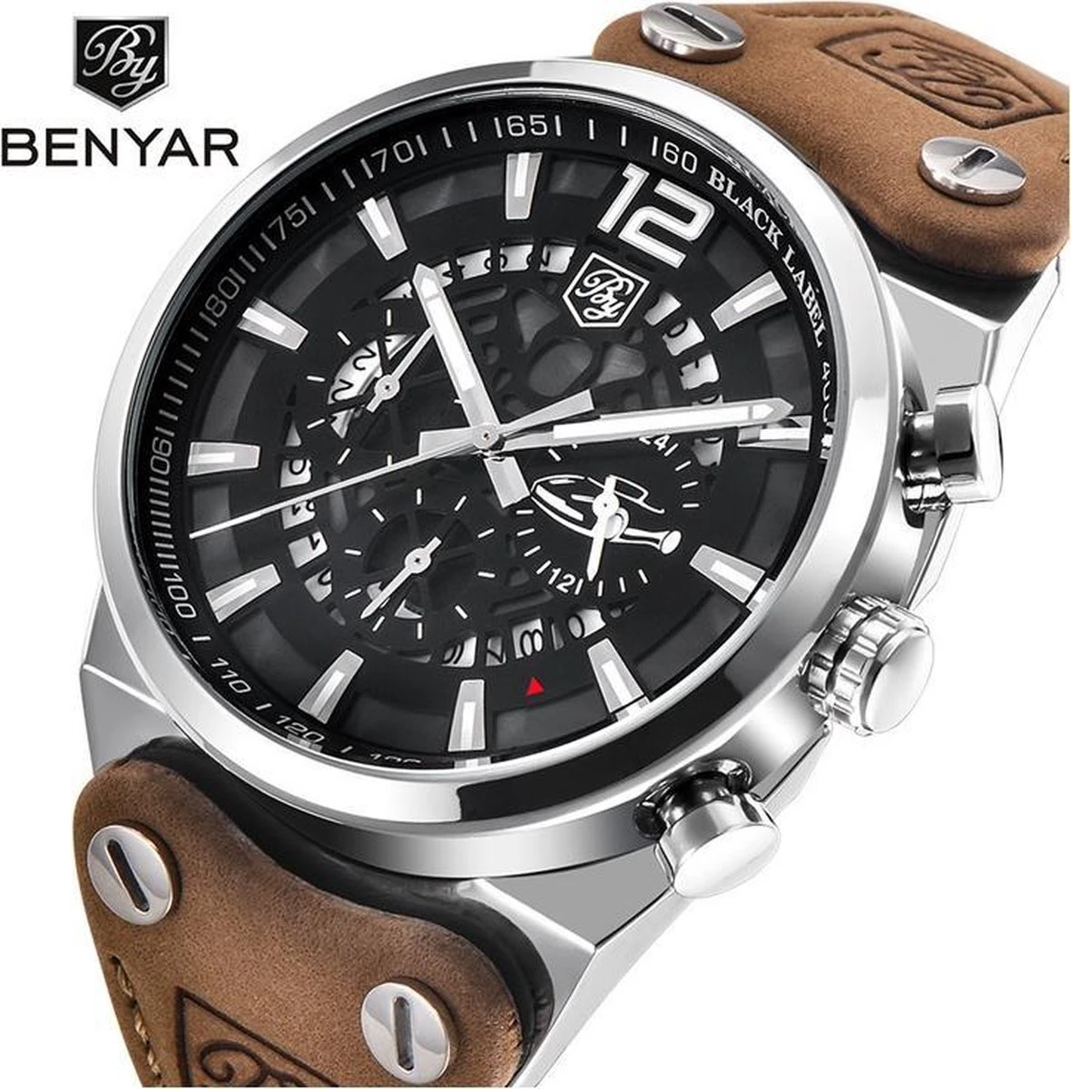 Aviator Horloge – Chronograaf – Suède Lederen Band 5 Aviator Horloge – Chronograaf – Suède Lederen Band - Afbeelding 3