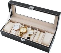 Merkloos Luxe Horlogedoos Met Kussentjes - Horloge-Opbergbox Houder Kist - Opbergkist Heren/Dames - Zwart Leer - 6 Horloges Compartimenten