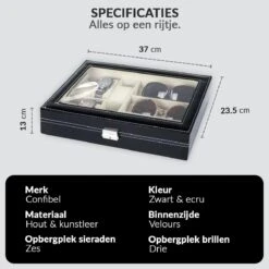 Luxe Brillen Opbergbox - Sieraden Display - 6 Horloge Compartimenten + 3 Brilles Opbergvakken - Confibel Horlogebox - Zwart -Casio Verkoop 1200x1200 1009