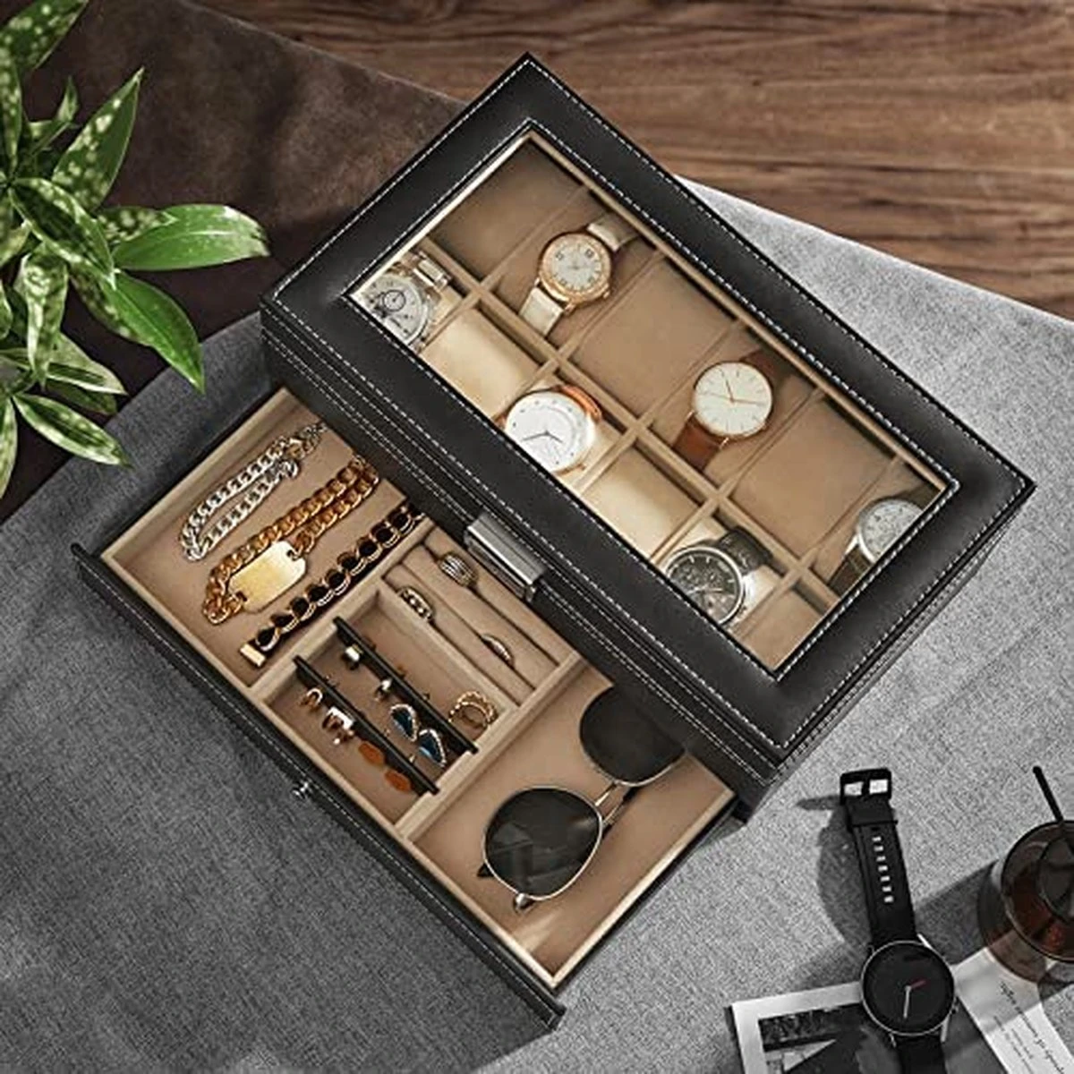 Songmics Horlogedoosje Juwelendoosje Voor 12 Horloges Glas JWB012 6 Songmics Horlogedoosje Juwelendoosje Voor 12 Horloges Glas JWB012 - Afbeelding 4