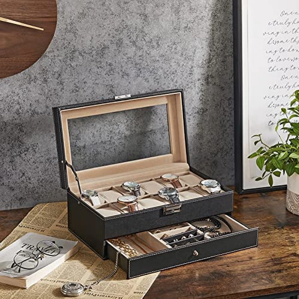 Songmics Horlogedoosje Juwelendoosje Voor 12 Horloges Glas JWB012 8 Songmics Horlogedoosje Juwelendoosje Voor 12 Horloges Glas JWB012 - Afbeelding 6