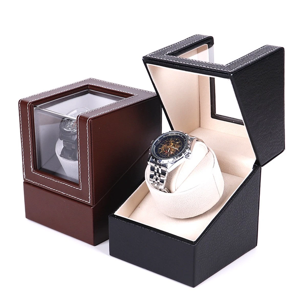 Merkloos Watchwinder - Zwart Met Beige - Automatische Horloge Opwinder - Opbergdoos - Horlogebox - Opbergdoos Heren - Horlogeopwinder - Watchwinders 4 Merkloos Watchwinder - Zwart Met Beige - Automatische Horloge Opwinder - Opbergdoos - Horlogebox - Opbergdoos Heren - Horlogeopwinder - Watchwinders - Afbeelding 2