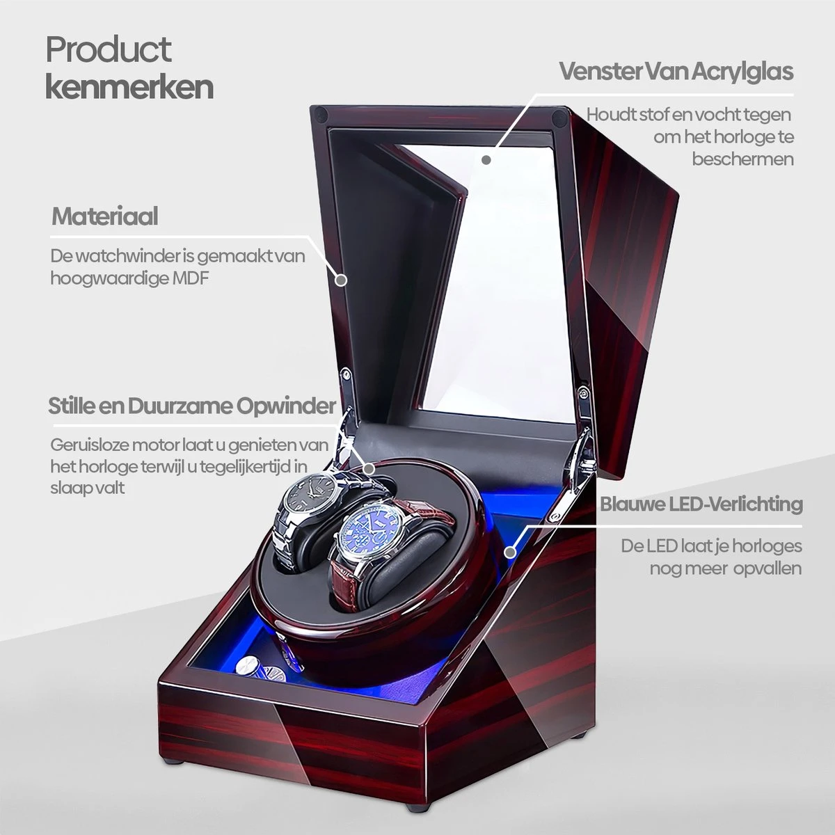 Olvy Luxe Watchwinder Voor 2 Horloges - Met LED Verlichting - Piano Lak - Dubbele Watchwinder - Horloge Opwinder 4 Olvy Luxe Watchwinder Voor 2 Horloges - Met LED Verlichting - Piano Lak - Dubbele Watchwinder - Horloge Opwinder - Afbeelding 2