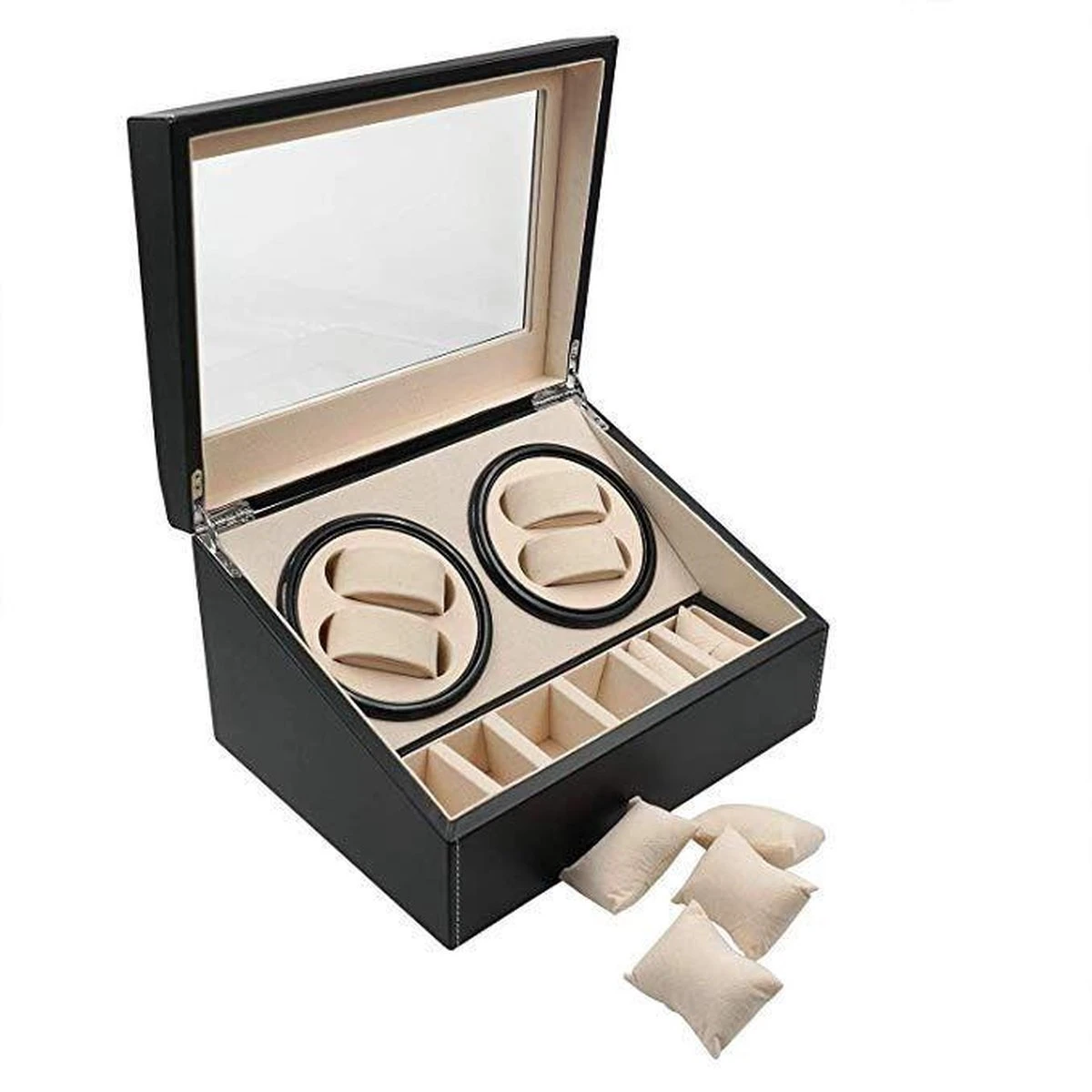 Luxe Leren 2-in-1 Automatische Horloge Box - Voor 4 Automatische Horloges + 6 Voor Opslag - Opbergbox Watchwinder - Horloge Opwinder - Horlogebox - Watch Winder 4 Luxe Leren 2-in-1 Automatische Horloge Box - Voor 4 Automatische Horloges + 6 Voor Opslag - Opbergbox Watchwinder - Horloge Opwinder - Horlogebox - Watch Winder - Afbeelding 2