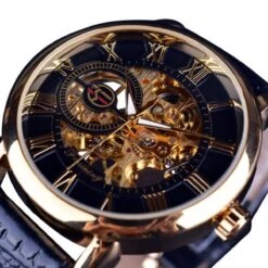WiseGoods WS1354 Luxe Mannen Horloge - Mechanisch Met Leren Band - 3D Skeleton Design - Gift Box - Goud - Ø40