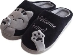 Geweo Home Sloffen - Pantoffels - Open Sloffen - Koraal Fleece Pantoffels Dames - Antislip - Leuk Katje - Kerstmis - Kerstfeest - Christmas Gift - Zwart - Maat 41/42