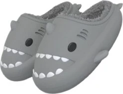 Geweo Home Sloffen Dames Heren - Haai Pantoffels - Kerstmis - Kerstfeest - Christmas Gift - Antislip Pluche Warme Fleece Open Sloffen - Comfortabel Traagschuim - Grijs - Maat 4445