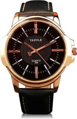 Yazole Heren Quartz Horloge | Zwart/Goud | PU Lederen Band