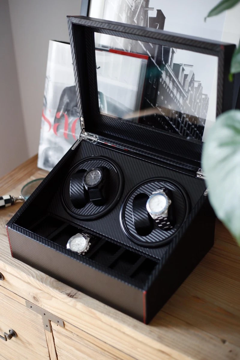 Luxe Carbon 2-in-1 Automatische Horloge Winder Doos - Voor 4 Automatische Horloges + 6 Voor Opslag - Opbergbox Watchwinder - Horlogeopwinder - Horlogebox - Valentijsdag 7 Luxe Carbon 2-in-1 Automatische Horloge Winder Doos - Voor 4 Automatische Horloges + 6 Voor Opslag - Opbergbox Watchwinder - Horlogeopwinder - Horlogebox - Valentijsdag - Afbeelding 5