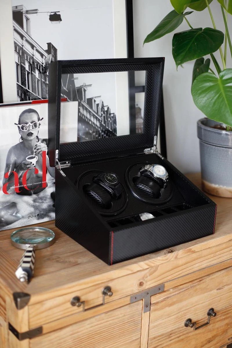 Luxe Carbon 2-in-1 Automatische Horloge Winder Doos - Voor 4 Automatische Horloges + 6 Voor Opslag - Opbergbox Watchwinder - Horlogeopwinder - Horlogebox - Valentijsdag 10 Luxe Carbon 2-in-1 Automatische Horloge Winder Doos - Voor 4 Automatische Horloges + 6 Voor Opslag - Opbergbox Watchwinder - Horlogeopwinder - Horlogebox - Valentijsdag - Afbeelding 8