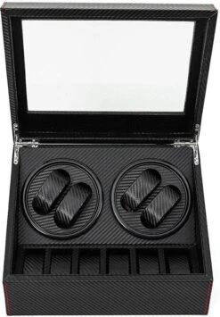 Luxe Carbon 2-in-1 Automatische Horloge Winder Doos - Voor 4 Automatische Horloges + 6 Voor Opslag - Opbergbox Watchwinder - Horlogeopwinder - Horlogebox - Valentijsdag