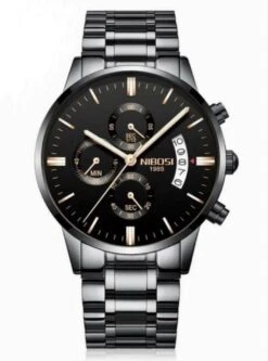 NIBOSI Horloges Voor Mannen - Luxe Zwart Op Zwart Design – Bronzen Wijzers - Ø 42 Mm - Geschenkset
