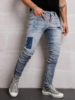 XWAY JEANS J/4114 - RIPPET MET PAINT SPLATTER - HEREN SLIM FIT JEANS - SPIJKERBROEK - SLIM FIT - PREMIUM STREET FASHION - BLAUW -Casio Verkoop 900x1200 386
