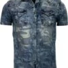 Denim Heren Overhemd - Korte Mouwen - Leger Motief - Blauw